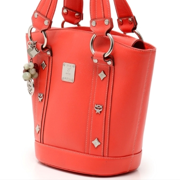 MCM Visetos Salmon Leather Studded Tote Bag + Dust Bag - Picture 3 of 16
